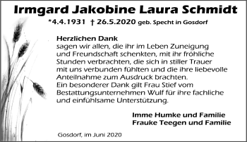 Traueranzeige von Irmgard Jakobine Laura Schmidt von Lübecker Nachrichten