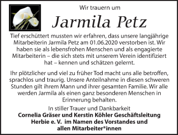 Traueranzeige von Jarmila Petz von Leipziger Volkszeitung