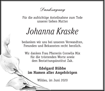Traueranzeige von Johanna Kraske von Märkischen Allgemeine Zeitung