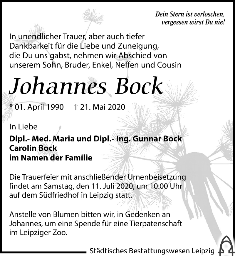  Traueranzeige für Johannes Bock vom 13.06.2020 aus Leipziger Volkszeitung
