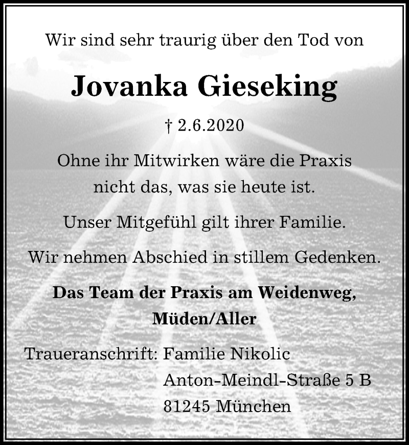  Traueranzeige für Jovanka Gieseking vom 06.06.2020 aus Aller Zeitung