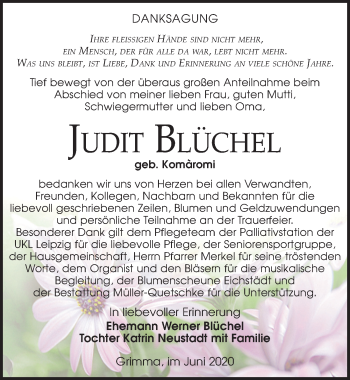 Traueranzeige von Judit Blüchel von Leipziger Volkszeitung