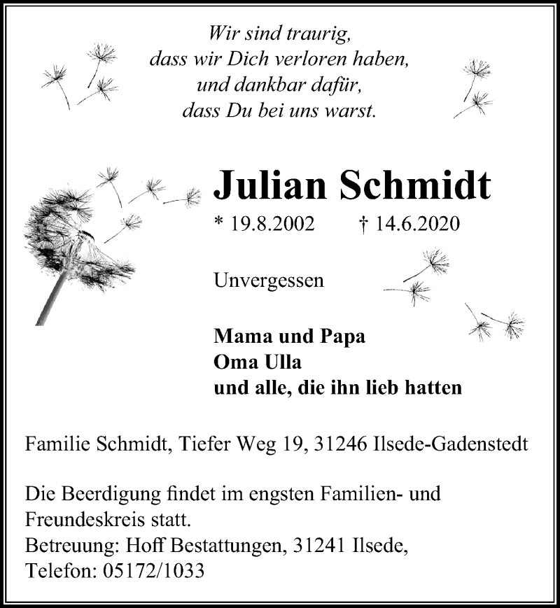  Traueranzeige für Julian Schmidt vom 17.06.2020 aus Peiner Allgemeine Zeitung
