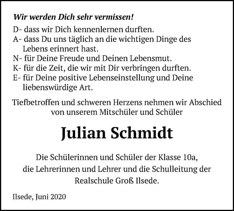  Traueranzeige für Julian Schmidt vom 18.06.2020 aus Peiner Allgemeine Zeitung