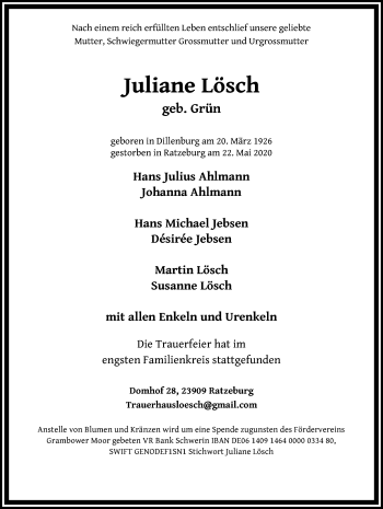 Traueranzeige von Juliane Lösch von Lübecker Nachrichten