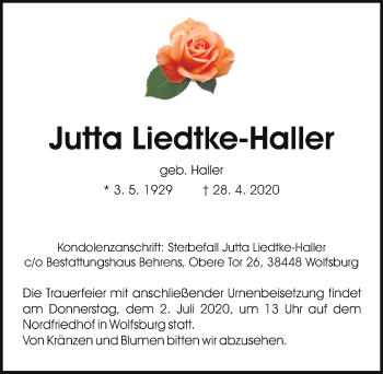 Traueranzeige von Jutta Liedtke-Haller von Aller Zeitung