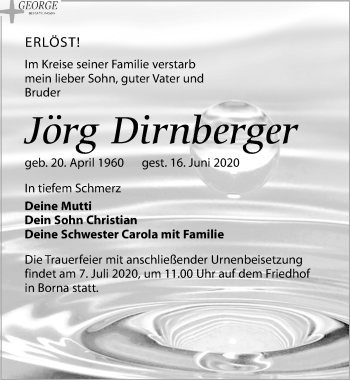 Traueranzeige von Jörg Dirnberger von Leipziger Volkszeitung