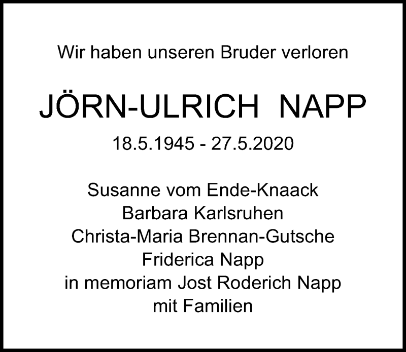  Traueranzeige für Jörn-Ulrich Napp vom 07.06.2020 aus Lübecker Nachrichten