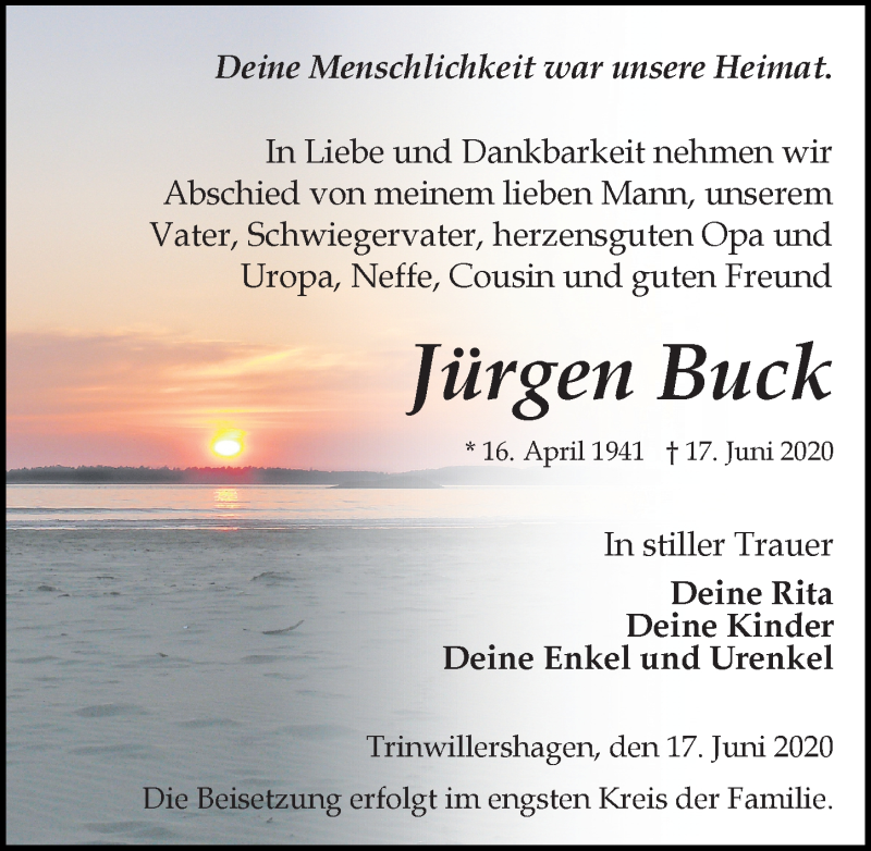  Traueranzeige für Jürgen Buck vom 27.06.2020 aus Ostsee-Zeitung GmbH