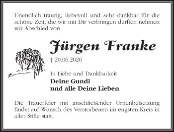 Traueranzeige von Jürgen Franke von Märkischen Allgemeine Zeitung