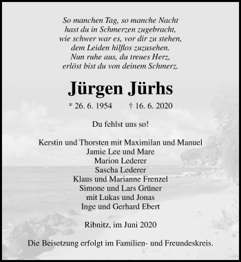 Traueranzeige von Jürgen Jürhs von Ostsee-Zeitung GmbH