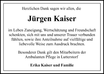 Traueranzeige von Jürgen Kaiser von Ostsee-Zeitung GmbH