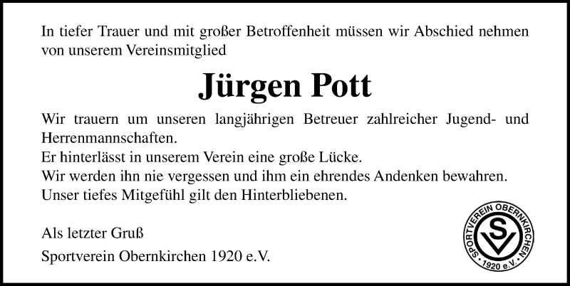 Traueranzeige für Jürgen Pott vom 27.06.2020 aus Schaumburger Nachrichten