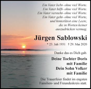 Traueranzeige von Jürgen Sablowski von Ostsee-Zeitung GmbH