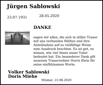 Traueranzeige von Jürgen Sablowski von Ostsee-Zeitung GmbH