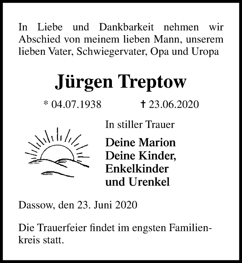  Traueranzeige für Jürgen Treptow vom 26.06.2020 aus Ostsee-Zeitung GmbH