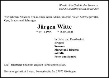 Traueranzeige von Jürgen Witte von Göttinger Tageblatt