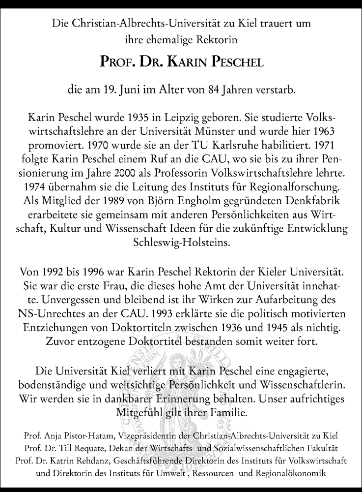  Traueranzeige für Karin Peschel vom 27.06.2020 aus Kieler Nachrichten