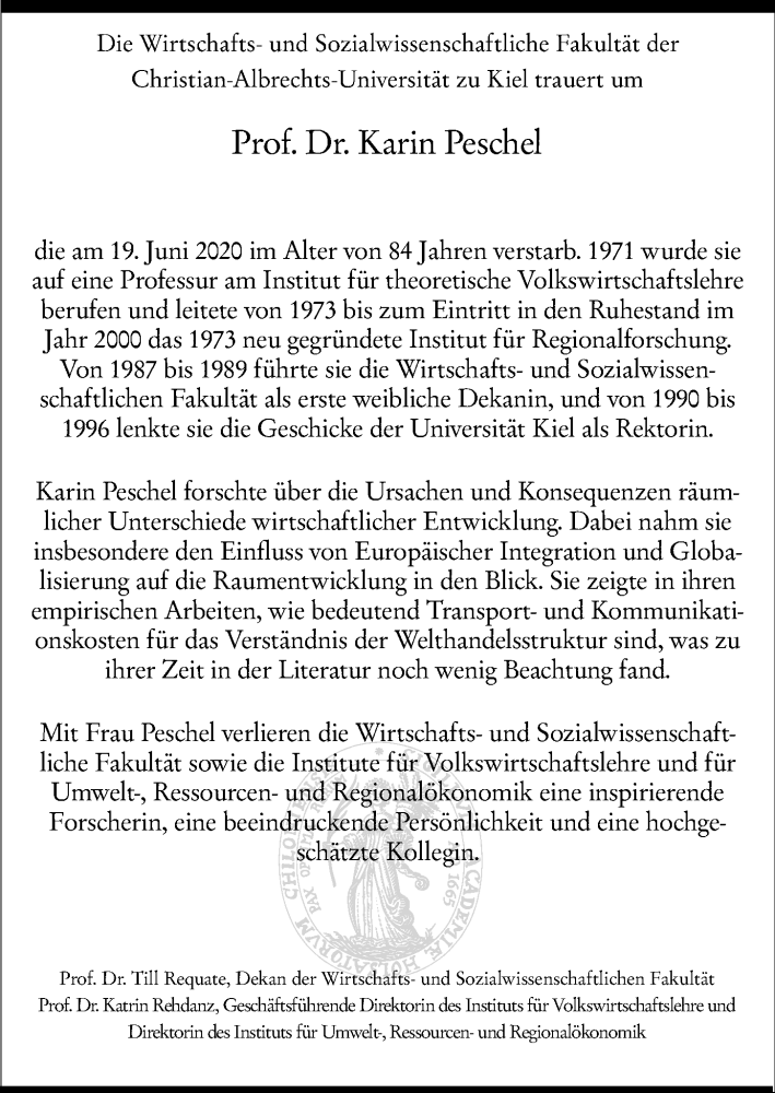 Traueranzeige für Karin Peschel vom 27.06.2020 aus Kieler Nachrichten