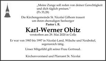 Traueranzeige von Karl-Werner Obitz von Aller Zeitung