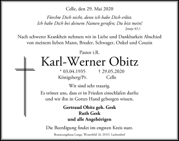 Traueranzeige von Karl-Werner Obitz von Aller Zeitung