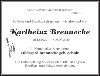 Traueranzeige von Karlheinz Brennecke von Märkischen Allgemeine Zeitung