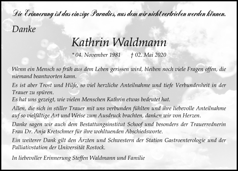  Traueranzeige für Kathrin Waldmann vom 06.06.2020 aus Ostsee-Zeitung GmbH