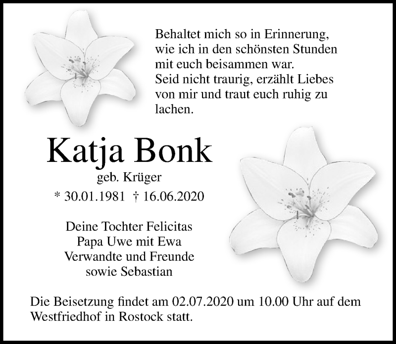  Traueranzeige für Katja Bonk vom 27.06.2020 aus Ostsee-Zeitung GmbH