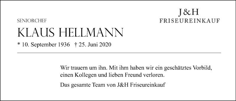  Traueranzeige für Klaus Hellmann vom 28.06.2020 aus Lübecker Nachrichten
