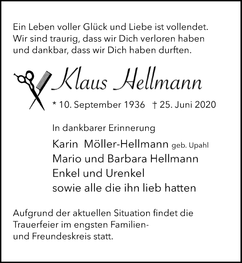  Traueranzeige für Klaus Hellmann vom 28.06.2020 aus Lübecker Nachrichten