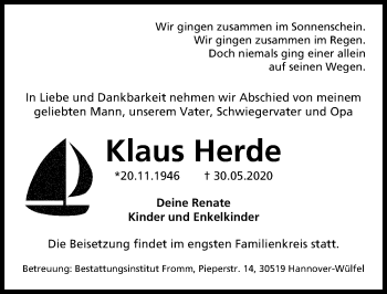 Traueranzeige von Klaus Herde von Hannoversche Allgemeine Zeitung/Neue Presse