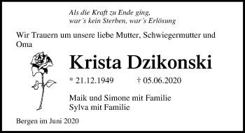 Traueranzeige von Krista Dzikonski von Ostsee-Zeitung GmbH