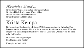 Traueranzeige von Krista Kempa von Ostsee-Zeitung GmbH
