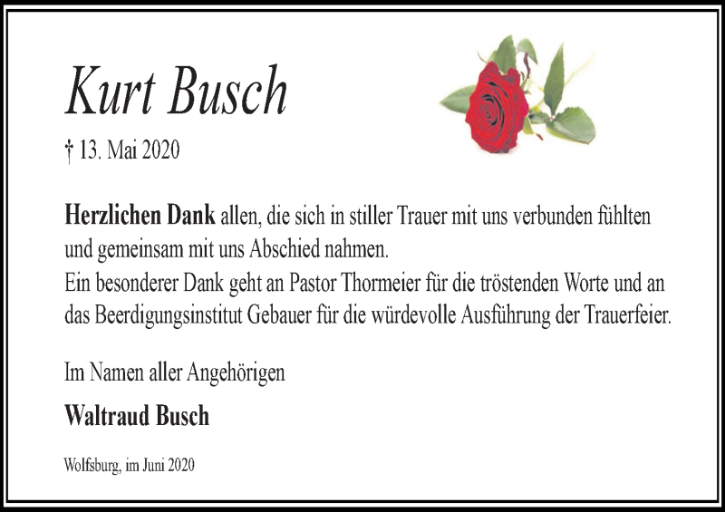  Traueranzeige für Kurt Busch vom 13.06.2020 aus Aller Zeitung