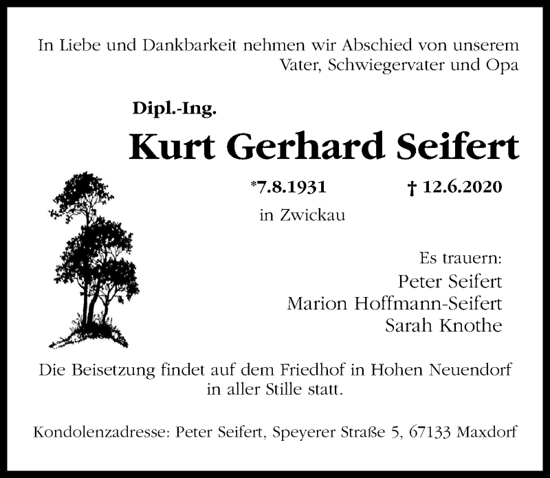  Traueranzeige für Kurt Gerhard Seifert vom 27.06.2020 aus Märkischen Allgemeine Zeitung