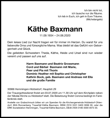 Traueranzeige von Käthe Baxmann von Hannoversche Allgemeine Zeitung/Neue Presse