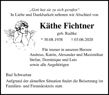 Traueranzeige von Käthe Fichtner von Lübecker Nachrichten