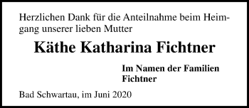 Traueranzeige von Käthe Katharina Fichtner von Lübecker Nachrichten