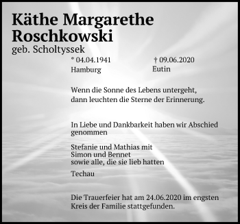 Traueranzeige von Käthe Margarethe Roschkowski von Lübecker Nachrichten