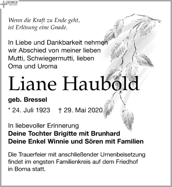 Traueranzeige von Liane Haubold von Leipziger Volkszeitung