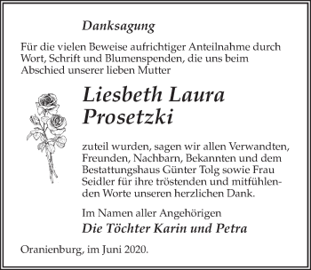 Traueranzeige von Liesbeth Laura Prosetzki von Märkischen Allgemeine Zeitung