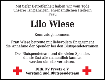 Traueranzeige von Lilo Wiese von Kieler Nachrichten