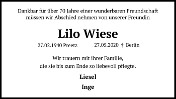 Traueranzeige von Lilo Wiese von Kieler Nachrichten