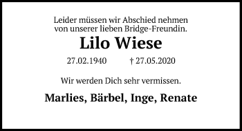 Traueranzeige von Lilo Wiese von Kieler Nachrichten