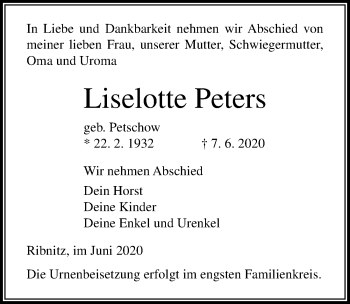 Traueranzeige von Liselotte Peters von Ostsee-Zeitung GmbH