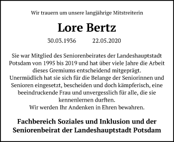 Traueranzeige von Lore Bertz von Märkischen Allgemeine Zeitung