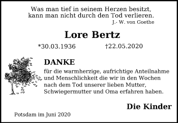 Traueranzeige von Lore Bertz von Märkischen Allgemeine Zeitung