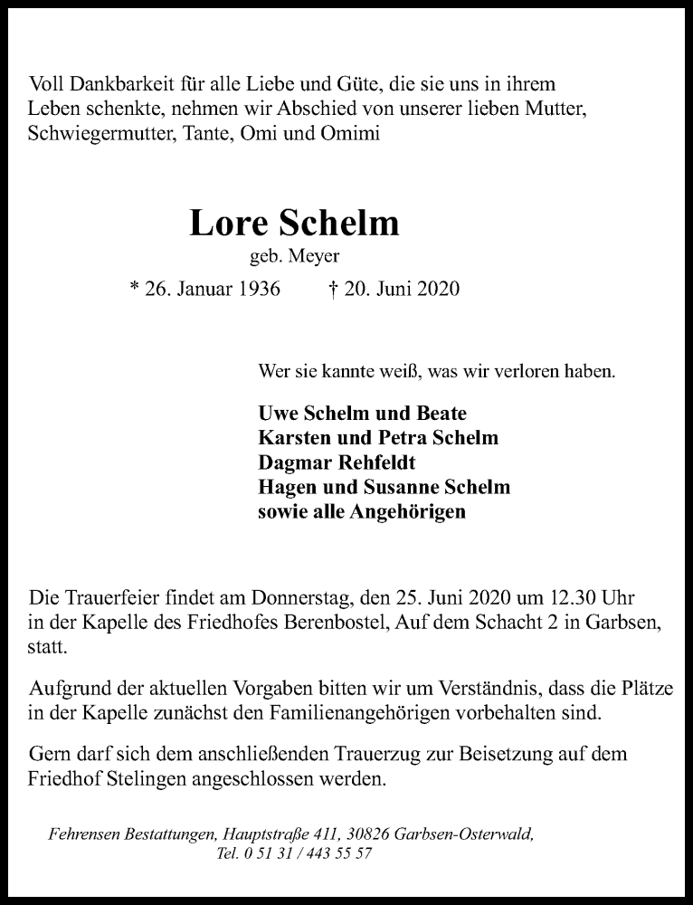  Traueranzeige für Lore Schelm vom 24.06.2020 aus Hannoversche Allgemeine Zeitung/Neue Presse