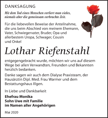 Traueranzeige von Lothar Riefenstahl von Leipziger Volkszeitung