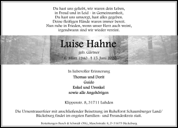 Traueranzeige von Luise Hahne von Schaumburger Nachrichten